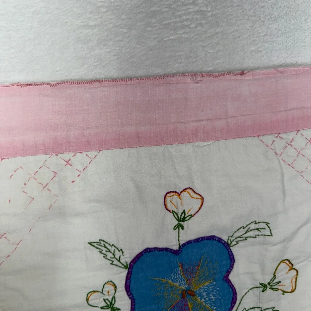 Vintage 37x55 Baby Quilt Hand Embroidered Floral Pansy Pink White Blue Handmade